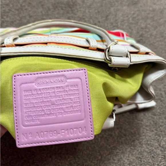 Coach Hampton Multicolor Canvas White Leather Trim Stripes Satchel Tote Bag - Picture 8 of 8